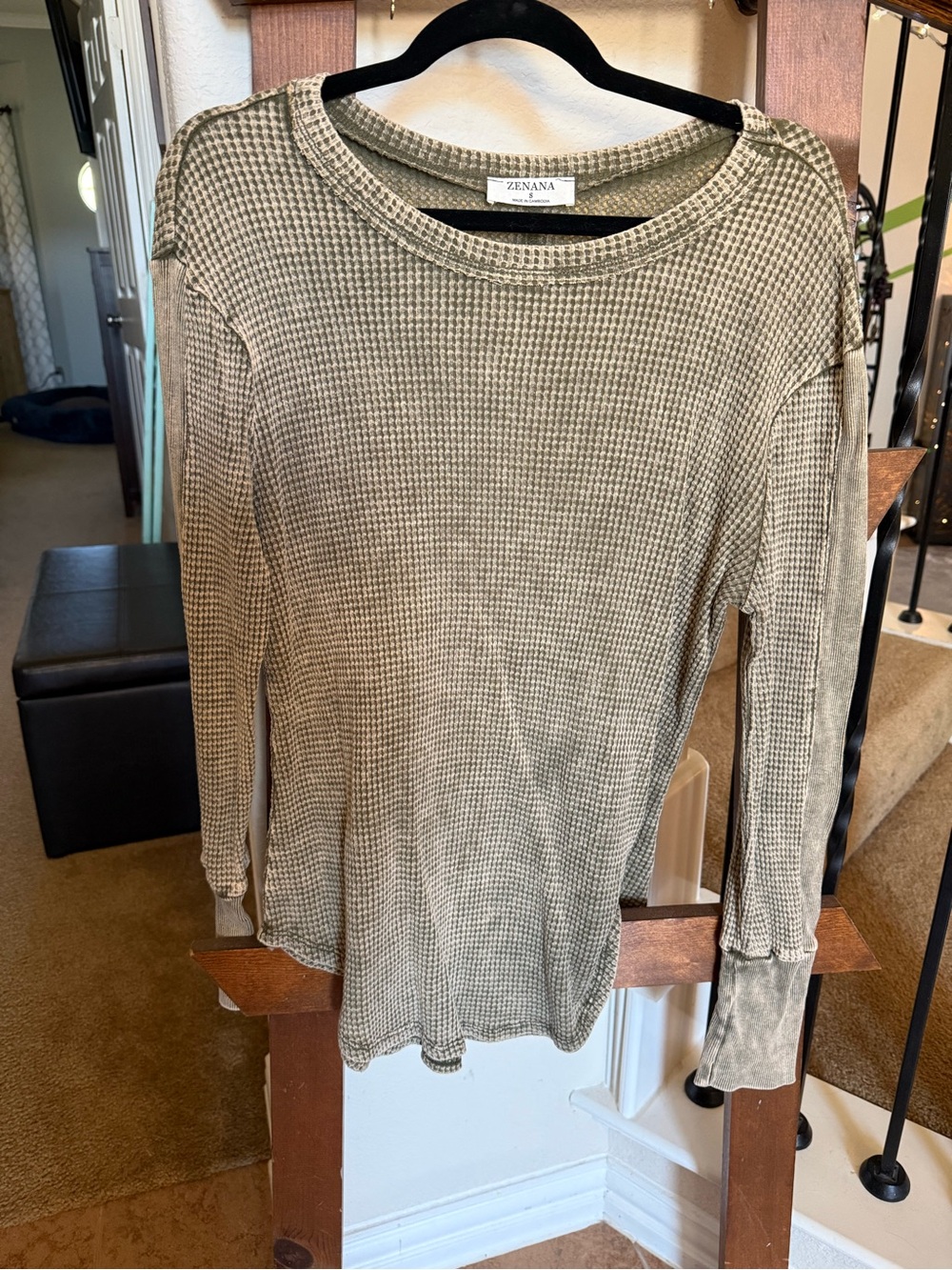 Zenana Outfitters Olive Green Waffle Knit Long Sleeve Top